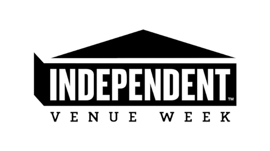 Independent Venue Week's logo featuring the brand's name within what vaguely resembles a building with a long rectangle and short, wide triangle.