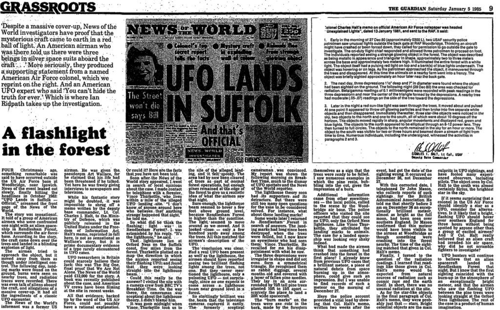 Picture of newspaper with headline reading 'UFO Lands in Suffolk'.