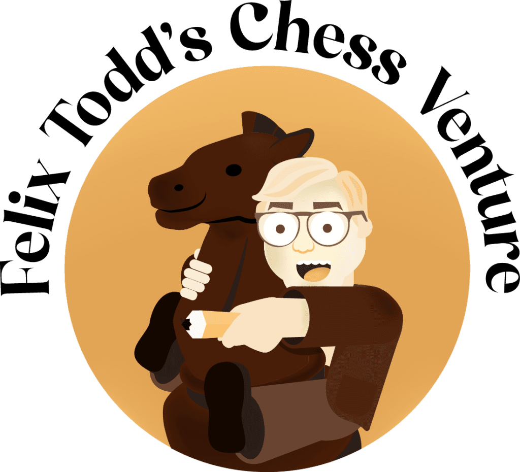 Logo designed by Greyhound Creative for Felix Todd Chess Venture. Round design features Felix riding a Chess piece and holding a pen.